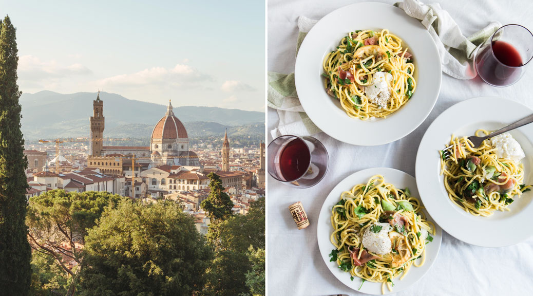 Collage of City View of Giardino Bardini, Florence and Italian pasta with lots and lots of Butter 