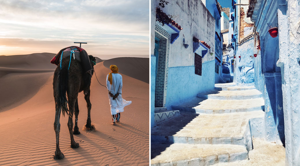 Collage of Morocco's Desert  with Camel and Morocco famous streets