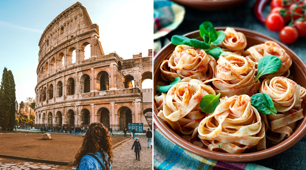 Collage of A Tourist girl infront of Colosseum Rome and Pasta with Tomato Sauce,