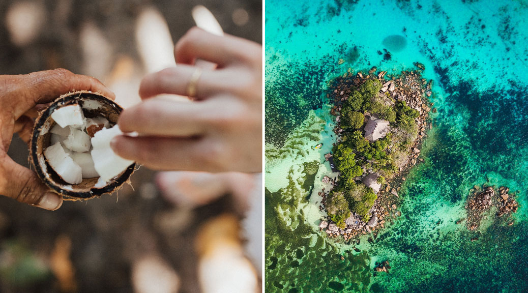 Collage of Taking Coconut Copra from Coconut and Aerial View of Praslin Island, Seychelles 
