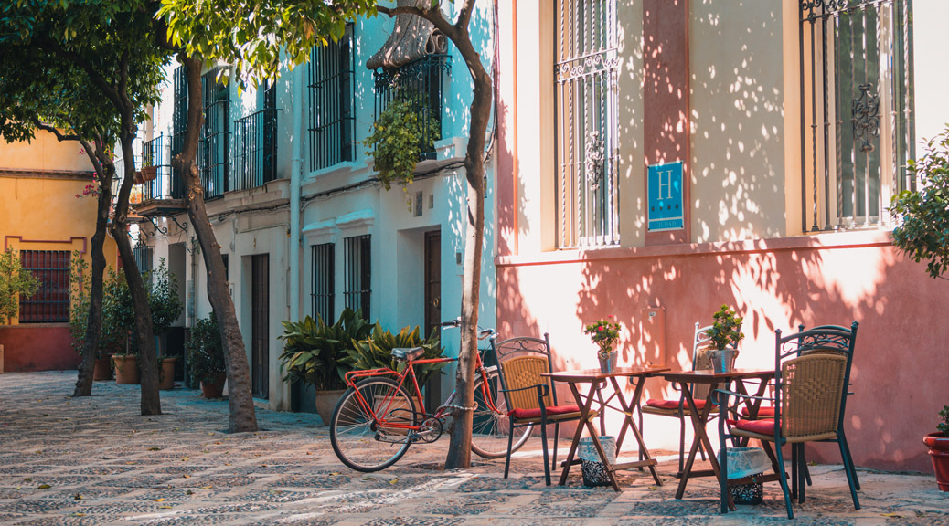 Spain streets with bicycles and chair