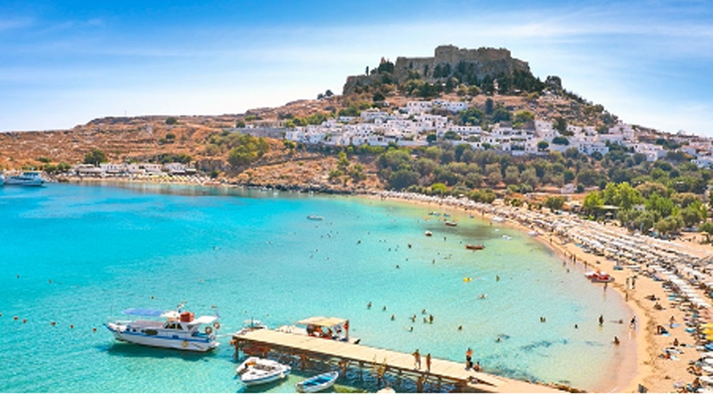 Idyllic Paradise landscape of the resort town of Lindos on the island of Rhodes, Greece.