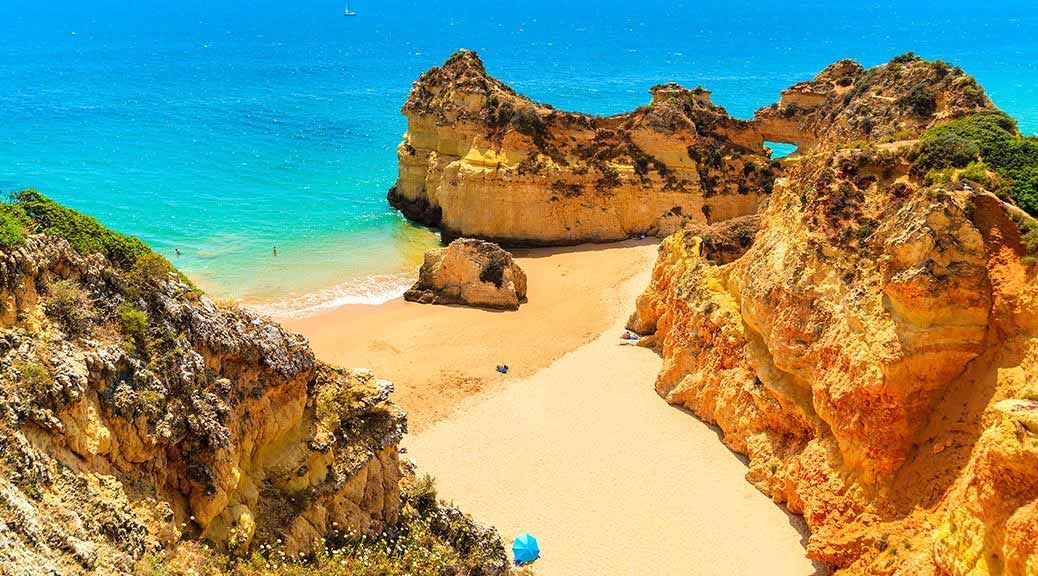 Beautfull rock formation and golden sand beach of Portugal Algarve