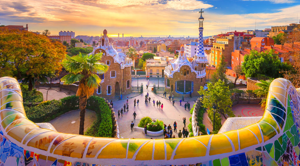 Beautiful view of the city from Park Guell in Barcelona, Spain.