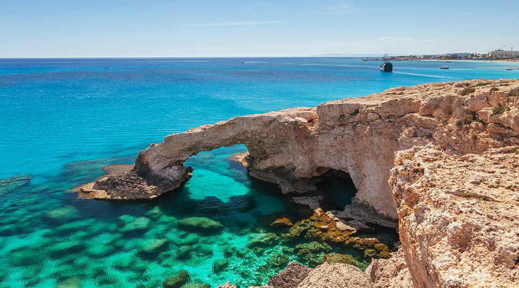 Beautiful natural rock arch near of Ayia Napa, Cavo Greco and Protaras on Cyprus island, Mediterranean Sea. 