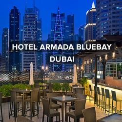 Night scene at hotel balcony restaurant at Hotel Armada BlueBay in Dubai
