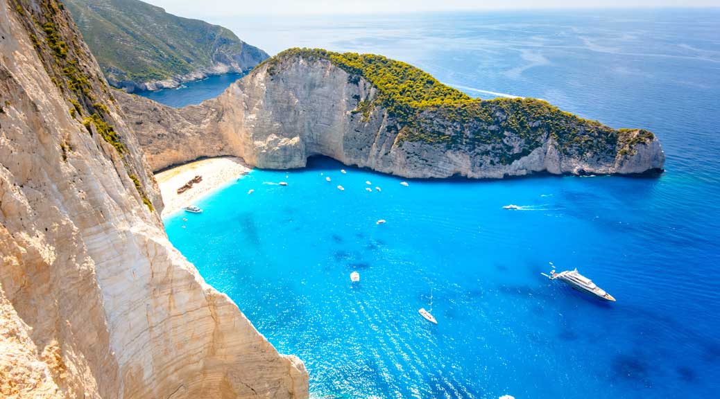 gorgeous areal view of zakynthos tropical beach sea and yacht in zante island greece