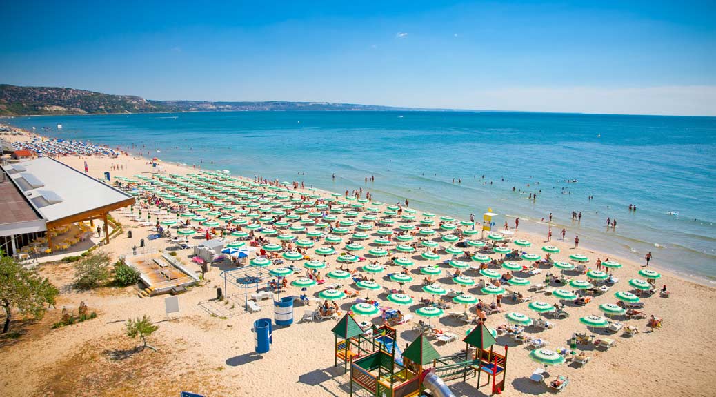 Panoramic view of Golden Sands beach with sun loungers, Bulgaria