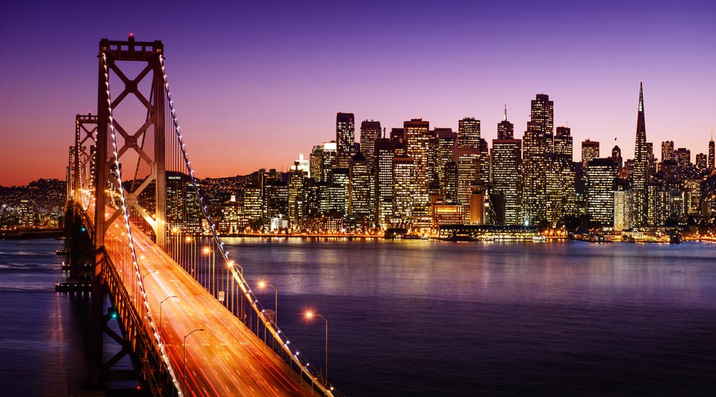 Evening view of San Francisco city and Bay Bridge