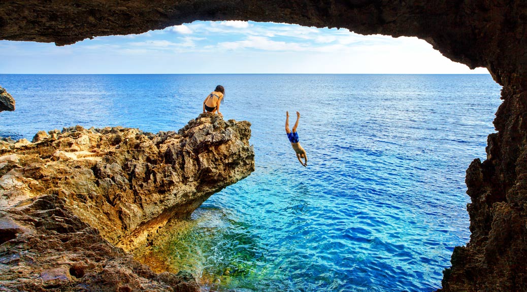  Sea cave near Cape Greko of Ayia Napa and Protaras on Cyprus island, Mediterranean Sea.