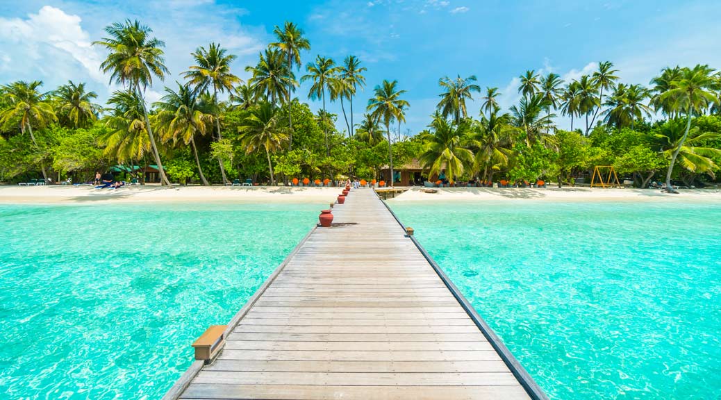 Beautiful tropical Maldives island with beach and coconut palm tree on blue sky.