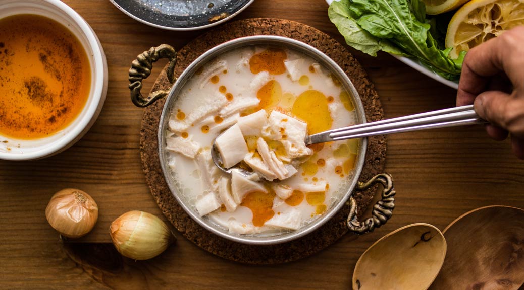  Traditional Tripe Soup in a bowl and  ingredients around the bowl