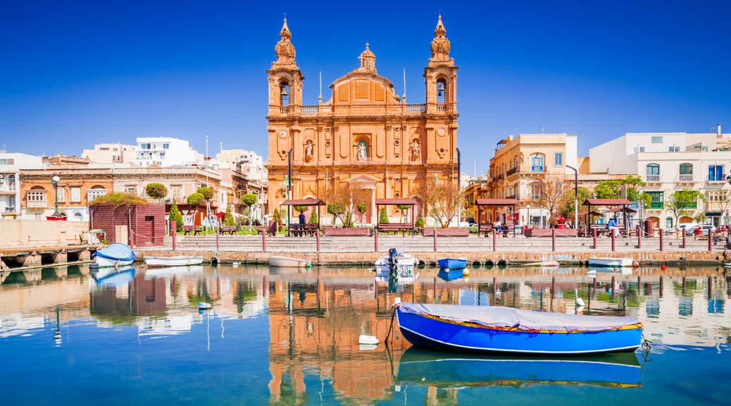 Msida Marina boat and church reflection into water, Valletta, Malta