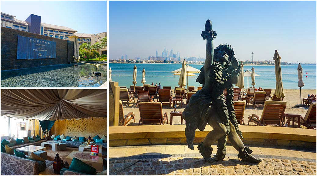 stone statue at the beach and mix of modern and traditional infrastructure of Sofitel the palm resort and spa Dubai uae