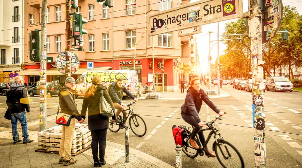 bikers and pedestrians near box hagener strasse in friedrichshain area berlin germany