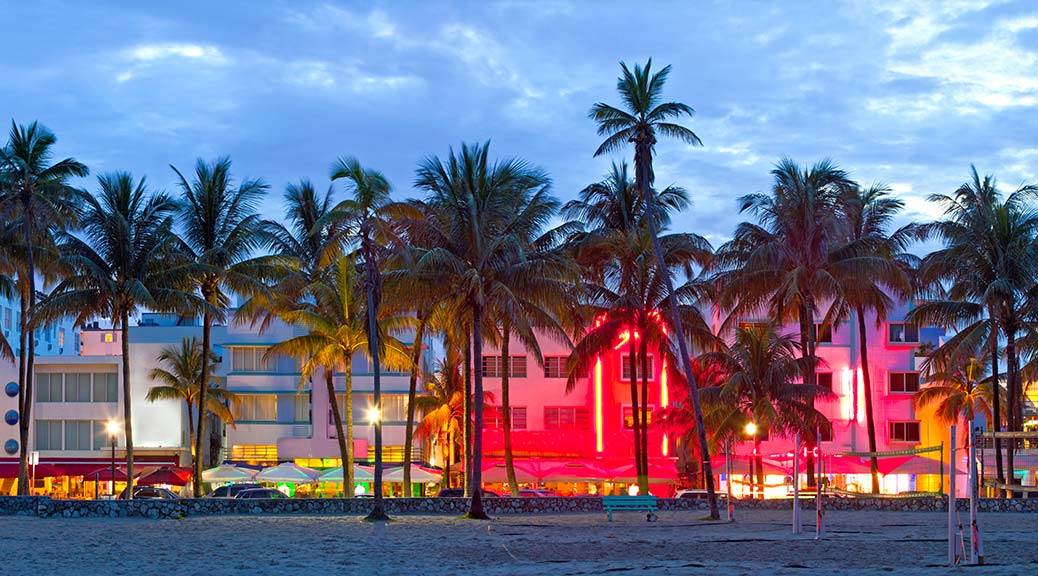 Vibrant clubs and hotels on the ocean drive of miami florida usa