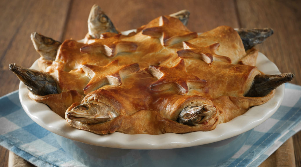 stargazey fish pie served on winters in england