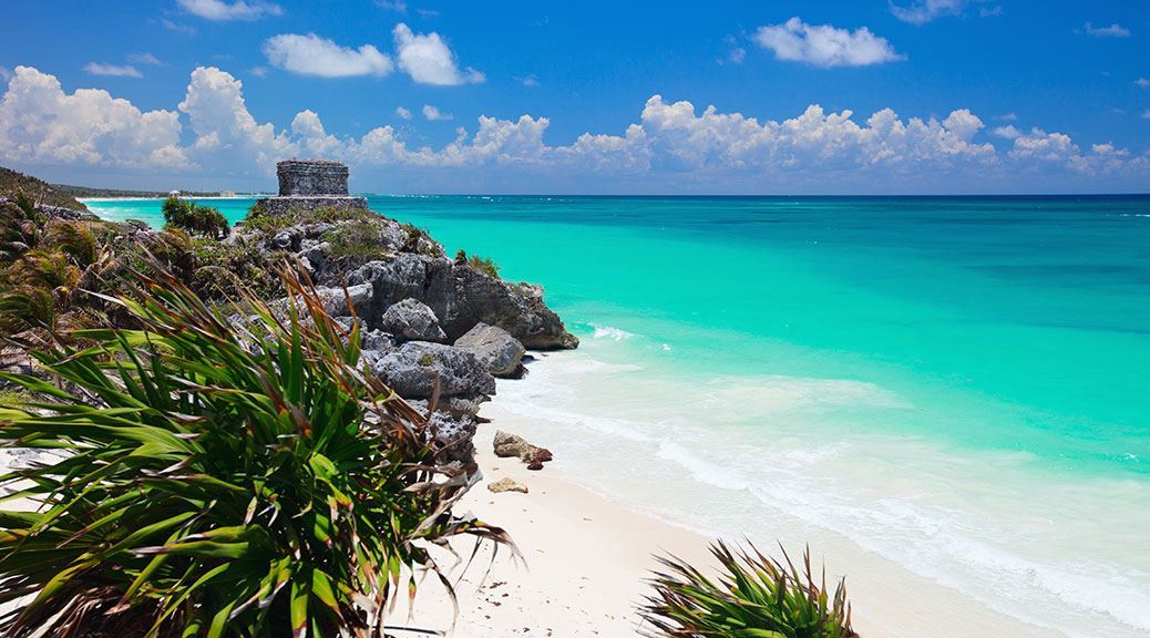 The seaside atlantic ocean view of the Mayan castle ruins at Tulum Mexico